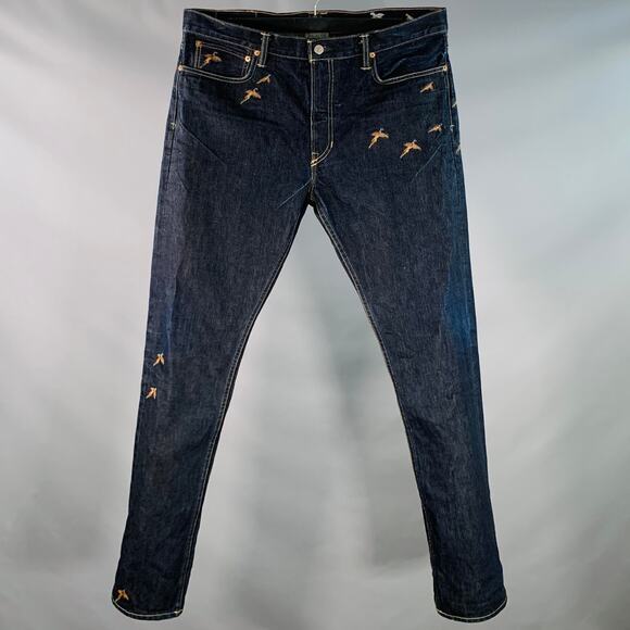 36 Indigo Cotton Selvedge Twill Straight Embroidered Birds Jeans - Picture 1 of 10